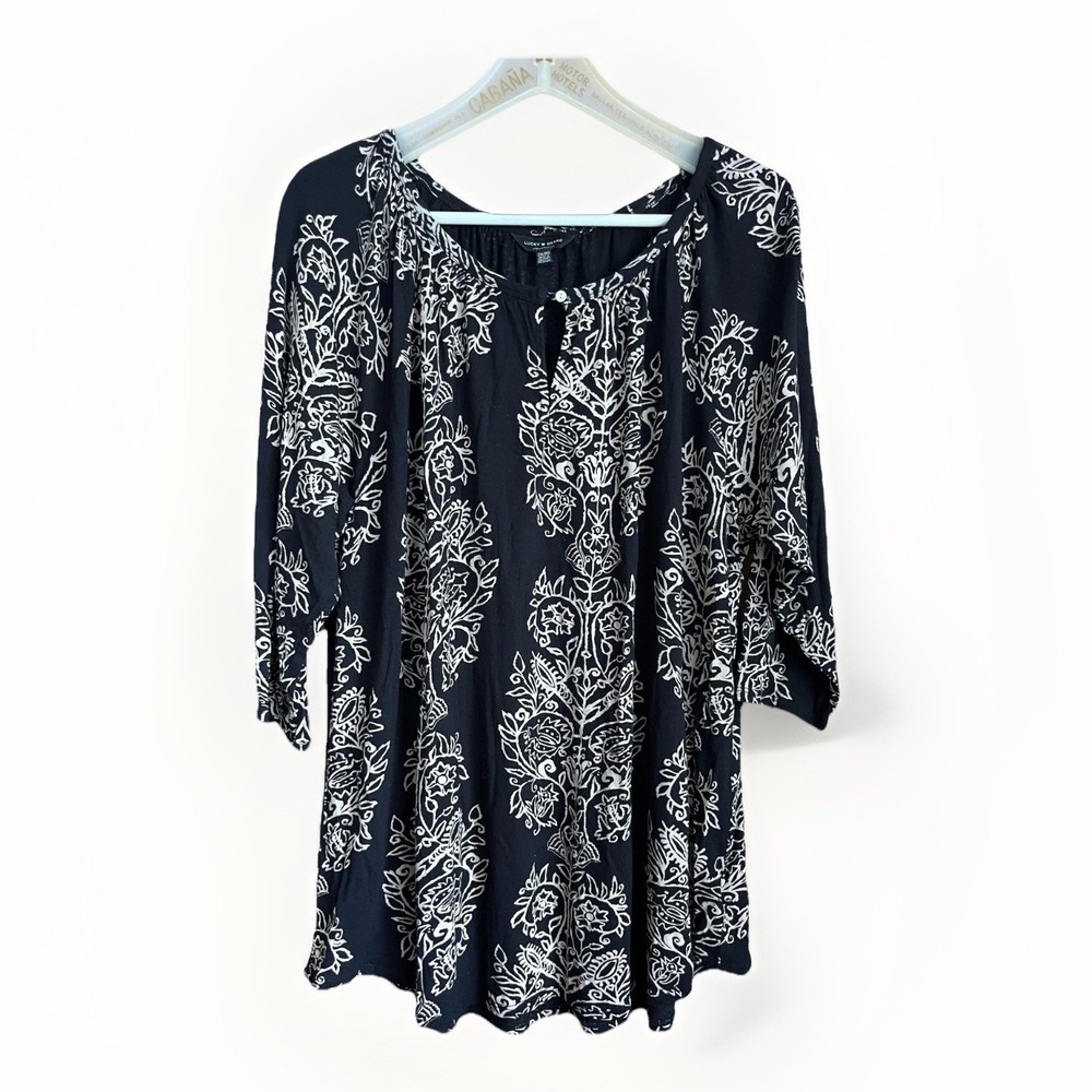 Lucky Brand Blouse Womens 2X Black Floral Scoop Neck 3/4 Sleeve‎ Tunic Top